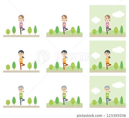 人們在四季、健康、運動的大自然中做瑜珈姿勢 123385036