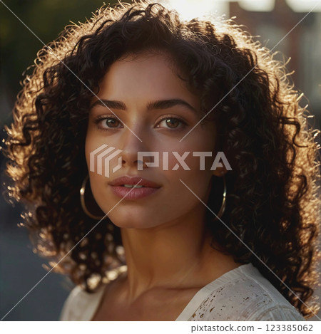 Young woman, girl with long curly hair. Deep, attentive look, slight smile on her face. Girl in casual clothes. AI generated with further retouching and processing in graphic programs Young woman, girl with long curly hair. Deep, attentive look, slight smile on her face. Girl in casual clothes. AI generated with further retouching and processing in graphic programs 123385062