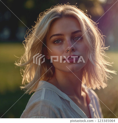 Young woman, girl. Dreamy, thoughtful look. slight smile on face. Light hair fluttering in wind. Girl dressed in casual style. AI generated with further retouching and processing in graphic progra Young woman, girl. Dreamy, thoughtful look. slight smile on face. Light hair fluttering in wind. Girl dressed in casual style. AI generated with further retouching and processing in graphic progra 123385064