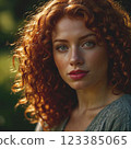 Young woman with red long curly hair. Deep, intent look. Girl in casual clothes. AI generated with further retouching and processing in graphic programs 123385065