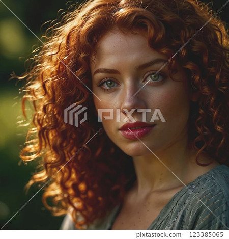 Young woman with red long curly hair. Deep, intent look. Girl in casual clothes. AI generated with further retouching and processing in graphic programs 123385065