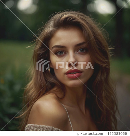 Young woman, girl with long brown hair. Deep, attentive look. Girl in casual clothes. AI generated with further retouching and processing in graphic programs 123385066