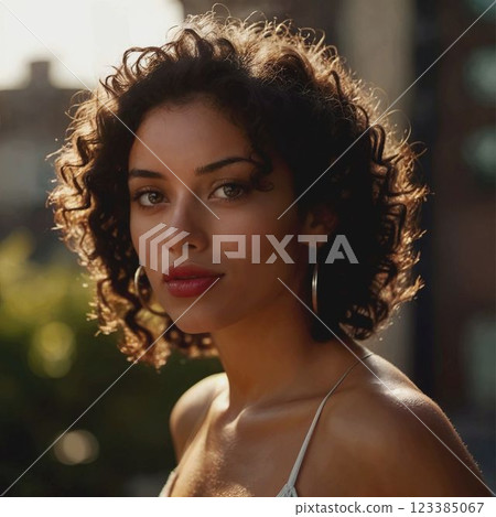 Young woman with dark short curly hair. Intent look. Girl in casual clothes. AI generated, with further retouching and processing in graphic programs 123385067