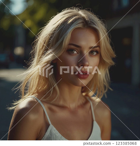 Young woman, girl. Blonde with blue eyes. Intent look, slight smile on her face. Girl is dressed in casual style. AI generated with further retouching and processing in graphic programs Young woman, girl. Blonde with blue eyes. Intent look, slight smile on her face. Girl is dressed in casual style. AI generated with further retouching and processing in graphic programs 123385068