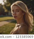 Young woman. Blonde hair fluttering in the wind, a slight smile on her face. The girl is dressed in a casual style. AI generated  with further retouching and processing in graphic programs 123385069