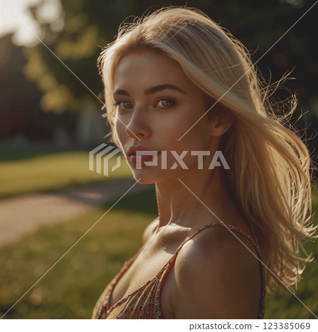 Young woman. Blonde hair fluttering in the wind, a slight smile on her face. The girl is dressed in a casual style. AI generated  with further retouching and processing in graphic programs 123385069