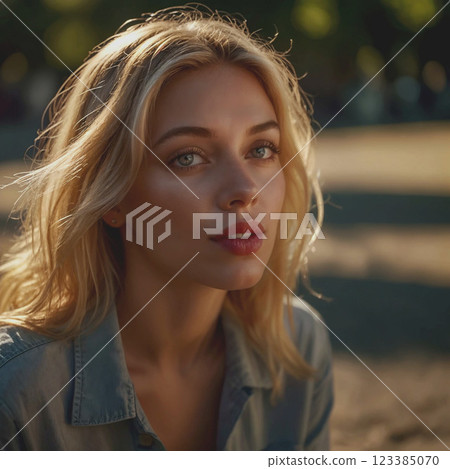 Young woman, girl. Dreamy, thoughtful look. Blonde hair falling loosely on her shoulders. Girl dressed in casual style. AI generation with further retouching and processing in graphic programs Young woman, girl. Dreamy, thoughtful look. Blonde hair falling loosely on her shoulders. Girl dressed in casual style. AI generation with further retouching and processing in graphic programs 123385070