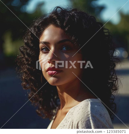 Young woman, girl. Brunette with curly shoulder-length hair. Serious determined look. Girl is dressed in casual style AI generated with further retouching and processing in graphic programs 123385071