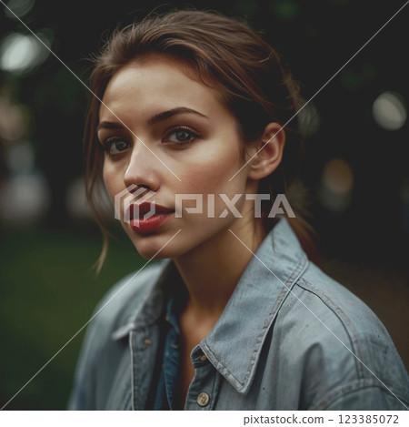 Young woman with dark brown hair. Deep, intense gaze of dark eyes. Woman's hair is combed back. Dressed in a casual style. Young woman with dark brown hair. Deep, intense gaze of dark eyes. Woman's hair is combed back. Dressed in a casual style. 123385072