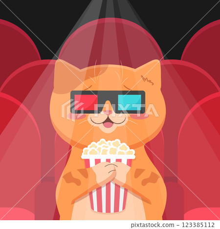 Happy ginger cat in 3d glasses in movie theater holding popcorn bucket. Cute cat watching a movie in movie hall with red seats and spotlight. Vector illustration Happy ginger cat in 3d glasses in movie theater holding popcorn bucket. Cute cat watching a movie in movie hall with red seats and spotlight. Vector illustration 123385112