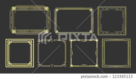 Collection of vintage retro Art Deco frames. Golden Art Deco borders in different shapes and design. Vector illustration 123385113