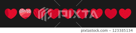 Red hearts icons with different textures. Textile, grunge heart icons, heart with animal print and abstract pattern. Vector illustration 123385134