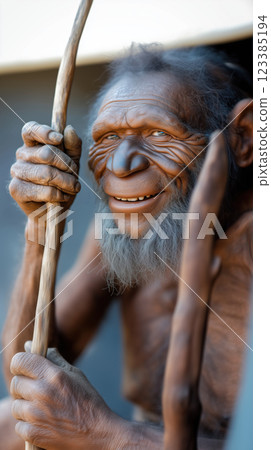 lifelike Neanderthal holding stick, showcasing friendly expression 123385194