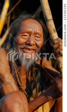 lifelike Neanderthal man with long hair and beard, smiling warmly 123385195