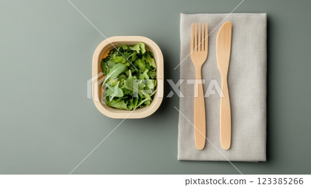 Biodegradable Clamshell Container with Fresh Greens on Wooden Table Biodegradable Clamshell Container with Fresh Greens on Wooden Table 123385266