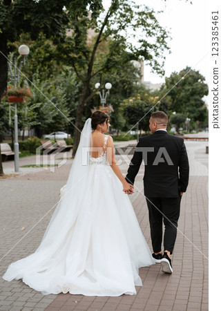 the groom in a brown suit and the bride in a white dress the groom in a brown suit and the bride in a white dress 123385461