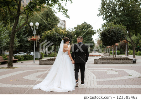 the groom in a brown suit and the bride in a white dress the groom in a brown suit and the bride in a white dress 123385462
