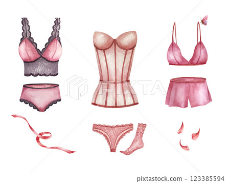 Set with pink purple lingerie, lace socks, pyjamas. Watercolor illustration. For create composition, wrapping paper, booklets, postcards, packaging in underwear stores, design page on social networks Set with pink purple lingerie, lace socks, pyjamas. Watercolor illustration. For create composition, wrapping paper, booklets, postcards, packaging in underwear stores, design page on social networks 123385594