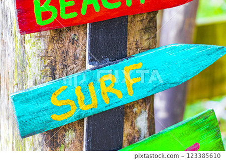 Sand beach surf relax colorful directional arrows Ilha Grande Brazil. 123385610