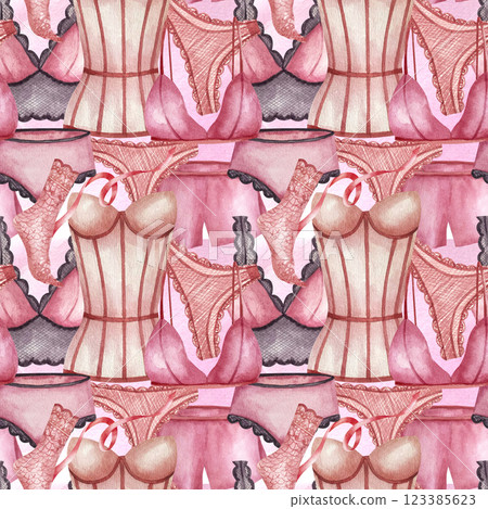 Seamless Pattern pink purple lingerie. Corset, pyjamas, panties, lace socks. Watercolor illustration isolated on pink background. Wrapping paper, packaging in underwear shops, merch, web background Seamless Pattern pink purple lingerie. Corset, pyjamas, panties, lace socks. Watercolor illustration isolated on pink background. Wrapping paper, packaging in underwear shops, merch, web background 123385623