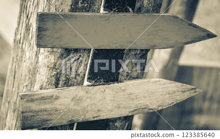 Colorful plain beach directional arrows on Ilha Grande Brazil. 123385640