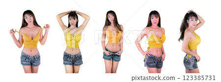 Asian women and their body shape yellow sexy dress have cellulite collection set and Clipping path. isolated on white background. 123385731