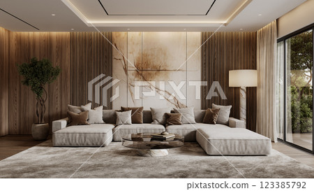 Contemporary interior with sofa, brown wood wall panels, plants, floor lamp, carpet, coffee table and decor. 3d render illustration mockup. 123385792