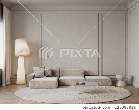 Classic beige interior with sofa, floor lamp, coffee table, round carpet and decor. 3d render illustration mockup. Classic beige interior with sofa, floor lamp, coffee table, round carpet and decor. 3d render illustration mockup. 123385821