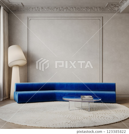 Classic beige interior with blue velour sofa, round rug, floor lamp and decor. 3d render illustration mockup. Classic beige interior with blue velour sofa, round rug, floor lamp and decor. 3d render illustration mockup. 123385822