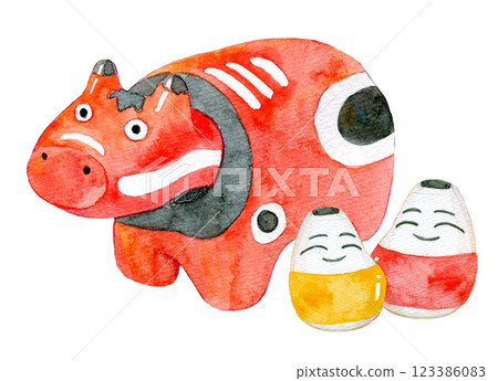 水彩插圖：Akabeko 和 Okiagari Koboshi 123386083