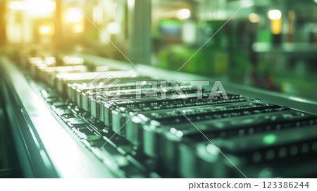 High-tech factory conveyor with sustainable electronics manufacturing. Automotive battery High-tech factory conveyor with sustainable electronics manufacturing. Automotive battery 123386244