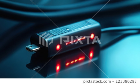 Futuristic usb device with red led lights for technology and connectivity concepts. Automotive battery 123386285