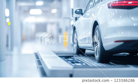 Modern automotive inspection at vehicle testing facility. Automotive battery 123386286