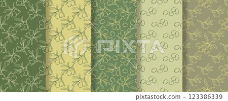 Hand engraved ripe olives harvest seamless pattern set 123386339