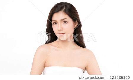 Beautiful young asian woman with clean fresh skin on white background, Face care, Facial treatment, Cosmetology, beauty and spa, Asian women portrait. Beautiful young asian woman with clean fresh skin on white background, Face care, Facial treatment, Cosmetology, beauty and spa, Asian women portrait. 123386360