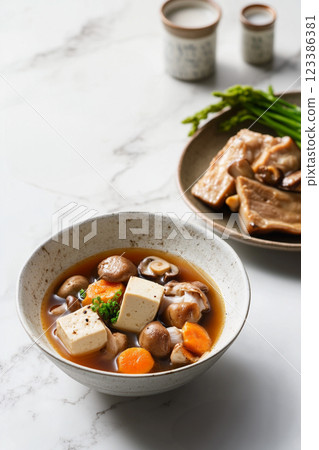Tofu and mushroom soup with vegetables Tofu and mushroom soup with vegetables 123386381