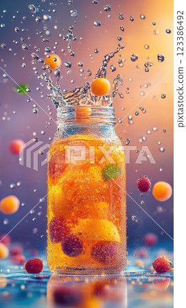 Modern Commercial Shot of a Refreshing Kombucha Glass Bottle with Vibrant Fruit and Bubbles Modern Commercial Shot of a Refreshing Kombucha Glass Bottle with Vibrant Fruit and Bubbles 123386492
