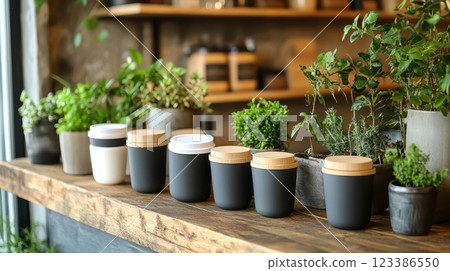 Stylish Cafe Display with Reusable Silicone Containers and Greenery Accents Stylish Cafe Display with Reusable Silicone Containers and Greenery Accents 123386550