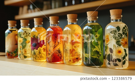 Vibrant Kombucha Bottles with Nature Inspired Floral 123386579