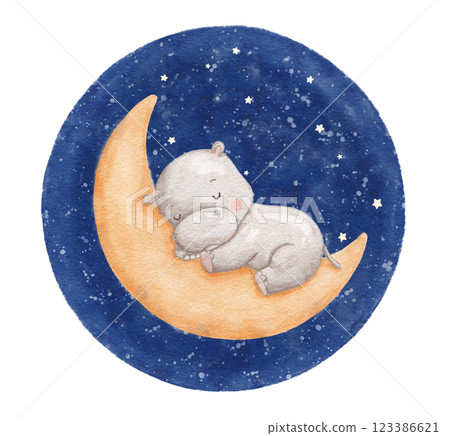 Watercolor baby hippopotamus sleeping on moon in night sky, hand draw hippo illustration for kids, painted drawing with isolated background 123386621