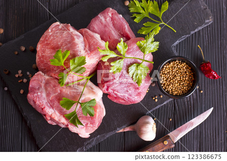 fresh meat, raw meat with aroma spice 123386675