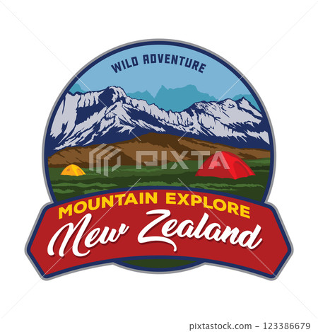 Mountain landscape view vector illustration in vintage style, good for t shirt design also embroidery patch for hat Mountain landscape view vector illustration in vintage style, good for t shirt design also embroidery patch for hat 123386679