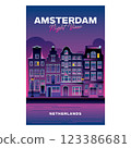 Amsterdam night view retro poster design, perfect for wall decor and t shirt design 123386681