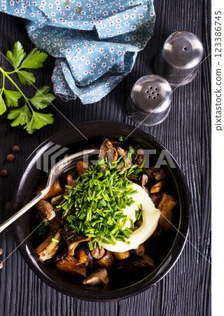 fried mushrooms with onion and sour cream 123386745
