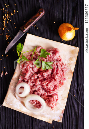 Fresh Raw Beef Minced Meat with salt, pepper, chilli and fresh onion Fresh Raw Beef Minced Meat with salt, pepper, chilli and fresh onion 123386757