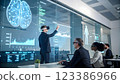 presenter speaking at tech conference, exploring latest AI technology trends and case studies 123386966
