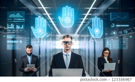 Business team exploring latest AI technology trends and case studies Business team exploring latest AI technology trends and case studies 123386967