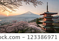 Mountain Fuji and Chureito red pagoda with cherry blossom sakura 123386971