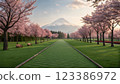 Stunning view of mount fuji surrounded by cherry blossoms in a serene japanese 123386972