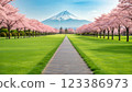 Stunning view of mount fuji surrounded by cherry blossoms in a serene japanese 123386973